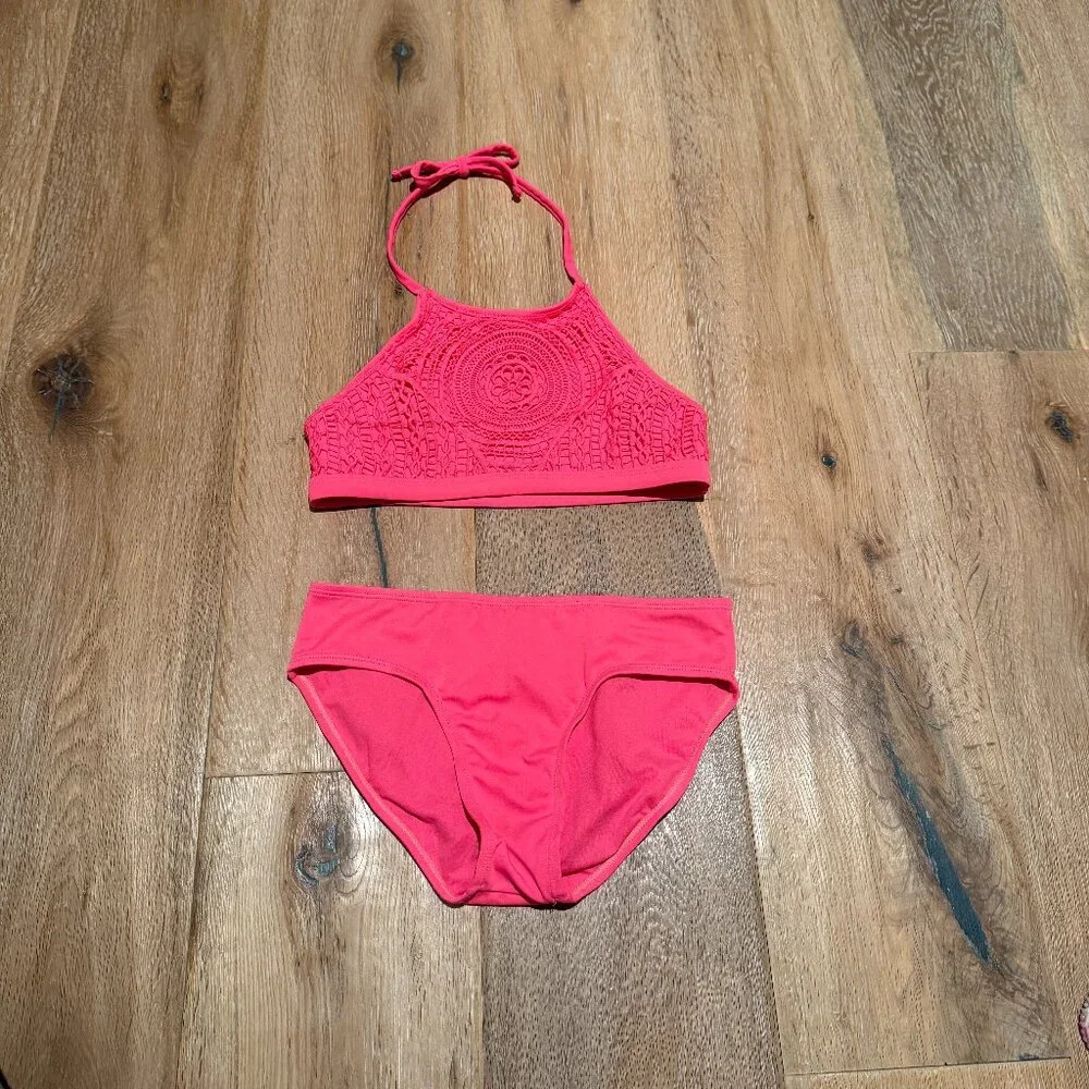 Justice Girls Bikini Set Crochet Halter Top & Matching Pink Bottoms Sz 12